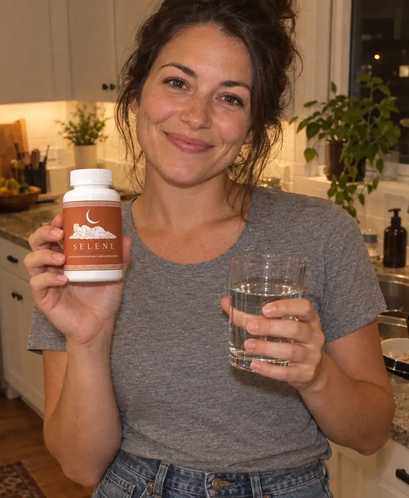 Woman holding a bottle of Selene and a glass of water
